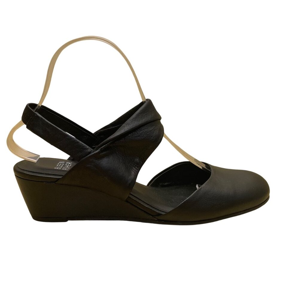 Eileen Fisher Women’s Black Leather Open Toe Slingback Wedge Sandals Size 7.5